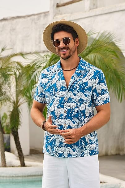 Cămașă hawaiană cu manecă scurtă pentru barbati Beotyshow, albastru/alb, 3XL [2]