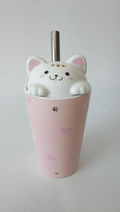 Cana din ceramica cu capac si pai, model  de pisica, 480 ml [3]