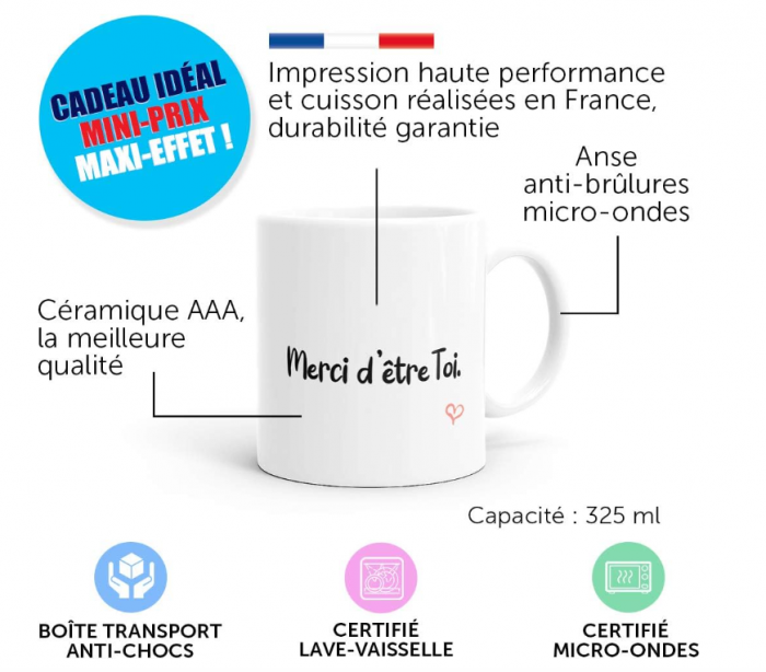 Cana pentru cadou cu mesaj "Merci d'etre Toi" (Mulțumesc că ești tu), ceramica, 320 ml [3]