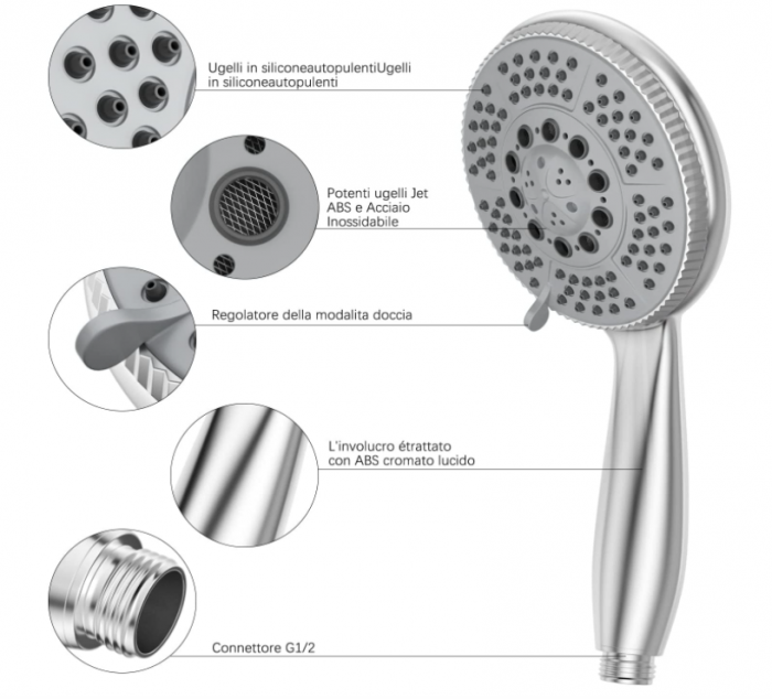 Cap de duș de înaltă presiune cromat cu duză din silicon [4]