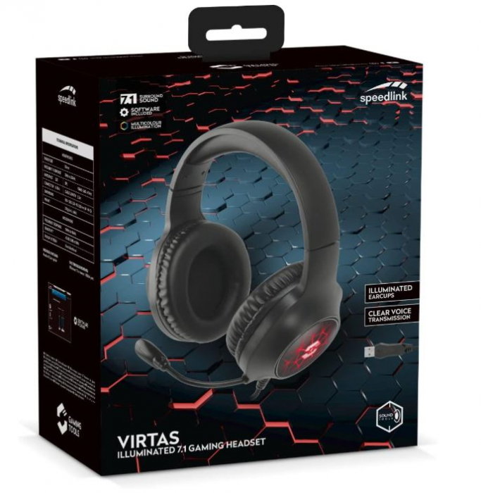 Căști de gaming cu fir Speedlink VIRTAS, Sunet surround 7.1, LED RGB, negru [7]