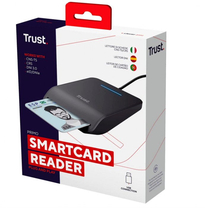 Cititor de carduri inteligent Trust Primo, Smartcard Reader, DNI, FIPS 201, FIPS TAA și ISO 7816 Clasa A, B, C conform, cablu de 100 cm, USB Plug & Play, negru [9]