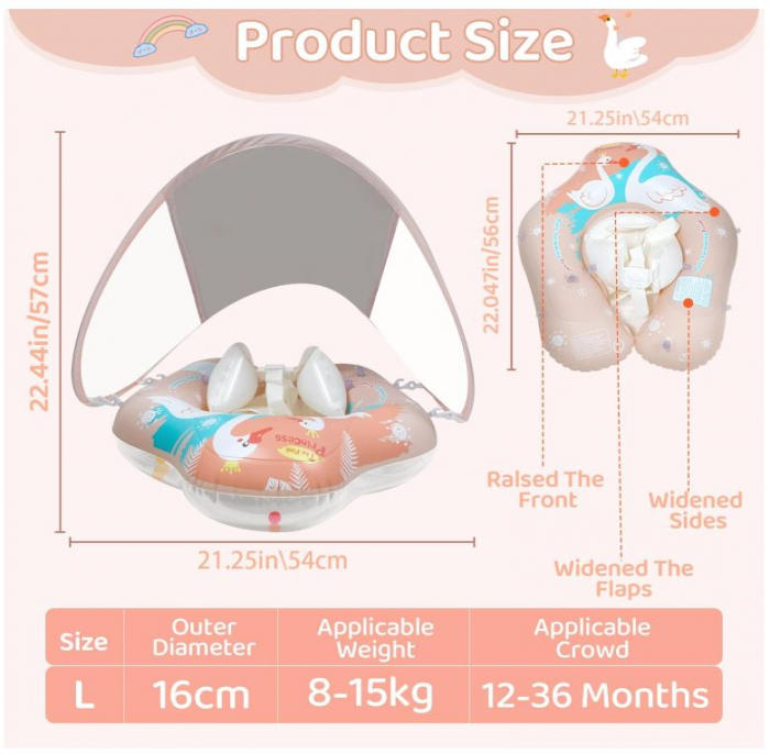 Colac de înot pentru bebeluși cu parasolar detașabil VEEKAY, pentru copii intre 3-36 luni, roz [8]