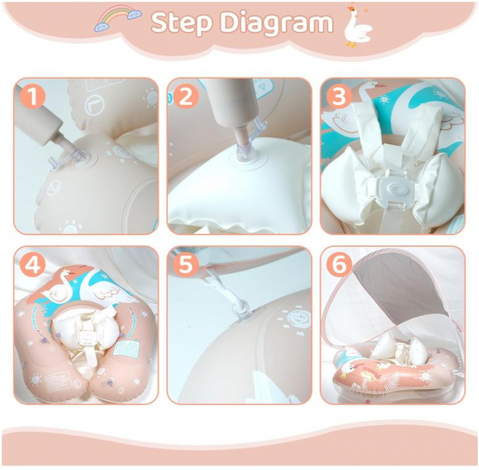 Colac de înot pentru bebeluși cu parasolar detașabil VEEKAY, pentru copii intre 3-36 luni, roz [11]