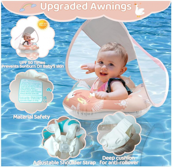 Colac de înot pentru bebeluși cu parasolar detașabil VEEKAY, pentru copii intre 3-36 luni, roz [9]