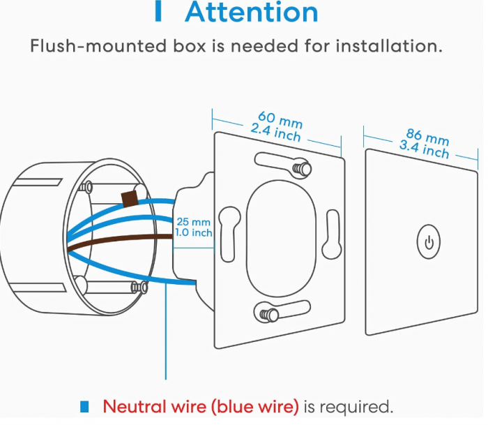 Comutator Wi-Fi meross, necesită cablu neutru, întrerupător de lumină inteligent, compatibil cu Alexa, Asistent Google și SmartThings, 2,4 GHz [7]