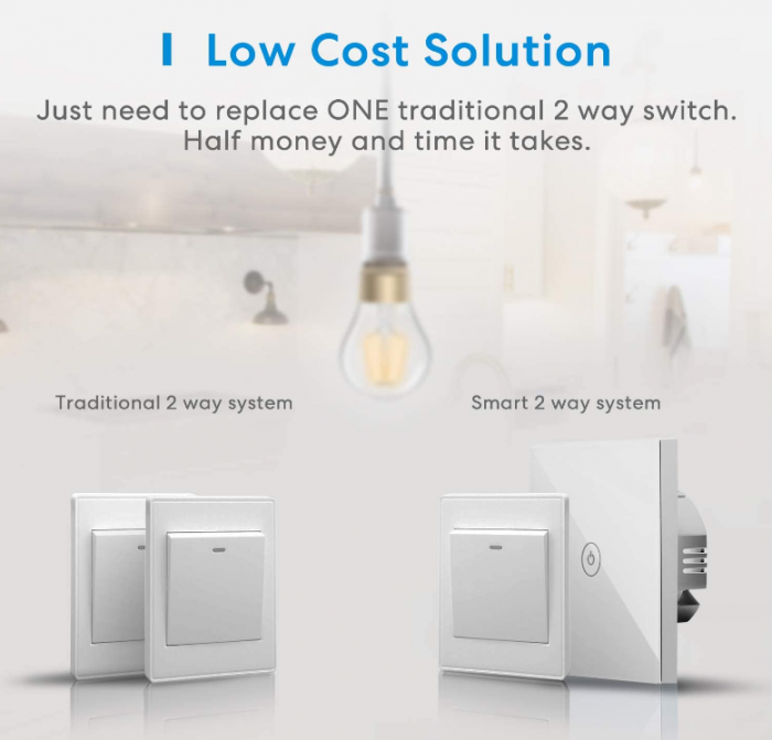 Comutator Wi-Fi meross, necesită cablu neutru, întrerupător de lumină inteligent, compatibil cu Alexa, Asistent Google și SmartThings, 2,4 GHz [2]