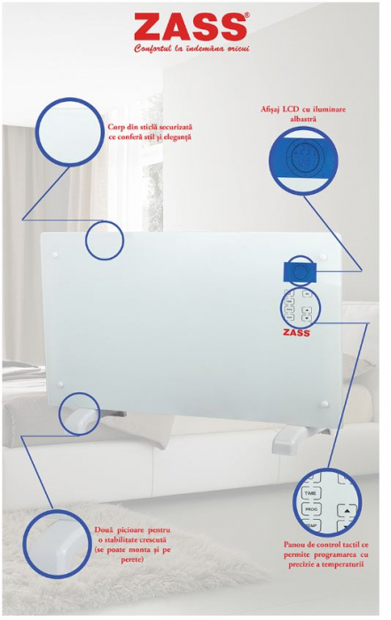 Convector electric de podea Zass ZKG 01 White, putere 2000 W, Suprafata de sticla, Touch screen, Negru [2]