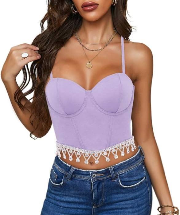 Corset cu strasuri pentru femei Naimo, sexy, cu bretele, violet, M [2]