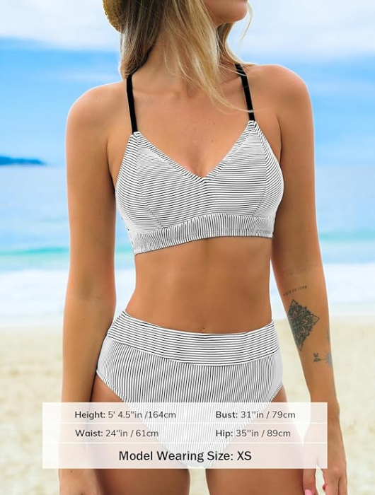 Costum de baie din 2 piese CUPSHE, bikini cu talie înaltă, cu dungi, XL [4]
