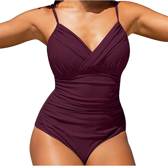 Costum de baie intreg pentru femei cu decolteu in V, push-up, visiniu, XXL [2]