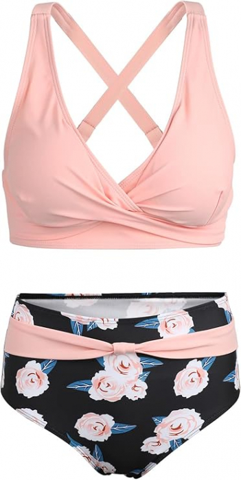 Costum de baie pentru femei Adigaber, 2 piese, slip cu talie inalta, roz, M [3]