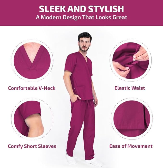 Costum medical unisex MAZALAT work wear, 1 pantalon + 1 tricou, mov, marime S [4]