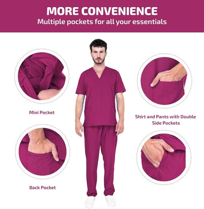 Costum medical unisex MAZALAT work wear, 1 pantalon + 1 tricou, mov, marime S [3]
