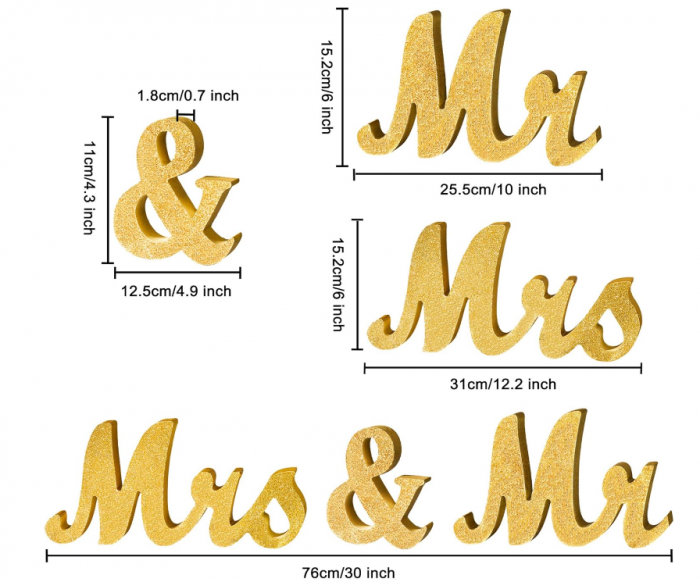Decor pentru nuntă cu "Mr and Mrs" (Domn si Doamna), din lemn, cu sclipici auriu [5]