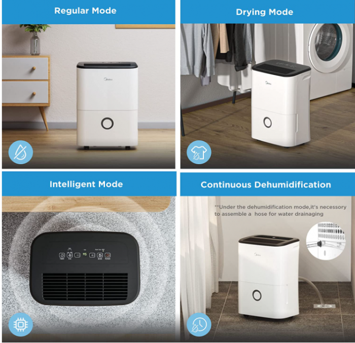 Dezumidificator Midea, 20 L/24 h, Dimensiunea camerei Aprox. 100 m³ (40 m²), rezervor de apă 3 l, alb [4]