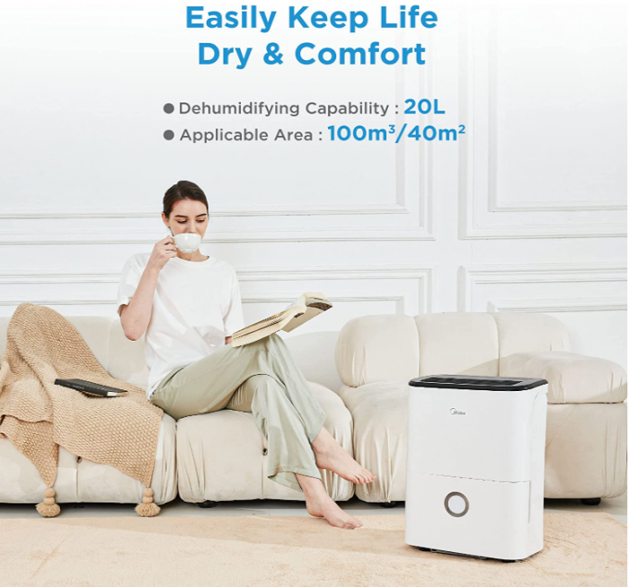 Dezumidificator Midea, 20 L/24 h, Dimensiunea camerei Aprox. 100 m³ (40 m²), rezervor de apă 3 l, alb [2]