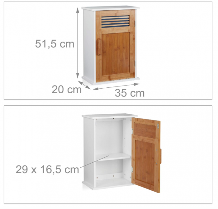 Dulap de baie suspendat Relaxdays, MDF, din bambus, 2 niveluri, alb-maro [9]