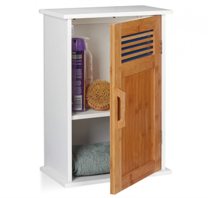 Dulap de baie suspendat Relaxdays, MDF, din bambus, 2 niveluri, alb-maro [1]