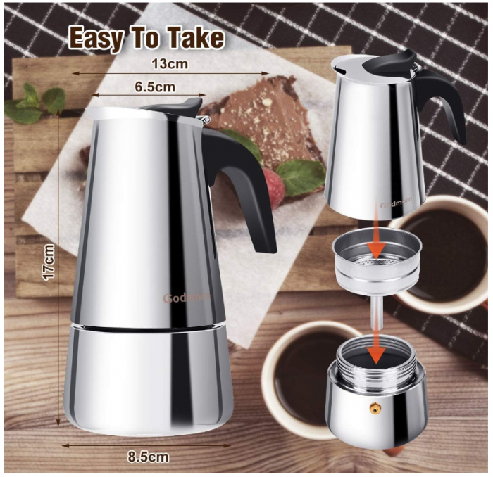 Espressor Godmorn, cafetieră italiană Moka din oțel inoxidabil, potrivită pentru aragazul cu inducție, 4 căni, 200 ml [6]