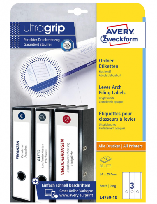 Etichete universale AVERY L4759-10 pentru biblioraft (27 Etichete cu Ultra Grip, 61 x 297 mm) 9 Foi, Alb [9]