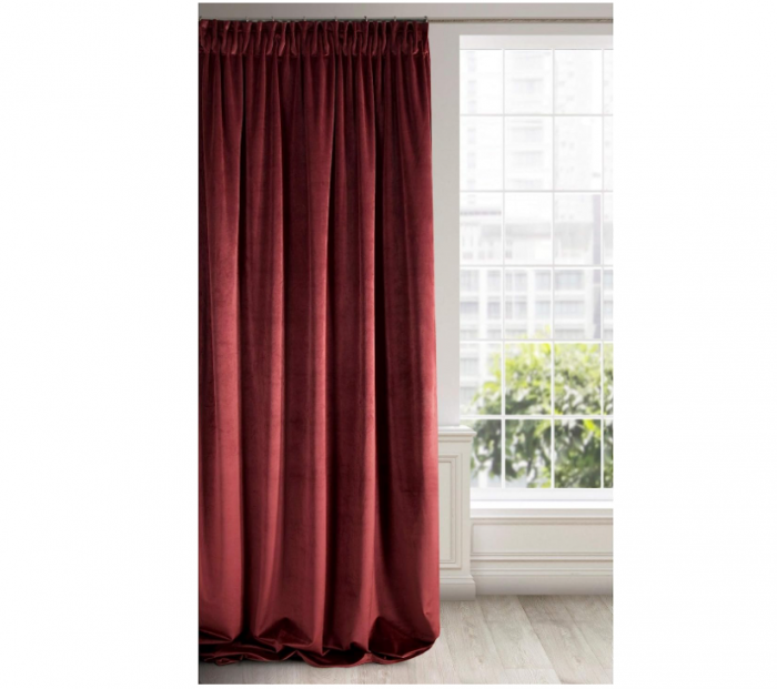 Eurofirany Draperie moale din catifea, opacă, simplă, cu bandă Rufflette pentru șină, 140 x 270 cm, Bordeaux închis [2]