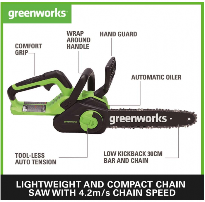 Ferăstrău fără fir Greenworks G40CS30IIK2 cu baterie, lungime bară 30 cm, baterie și încărcător 40 V 2 Ah [5]