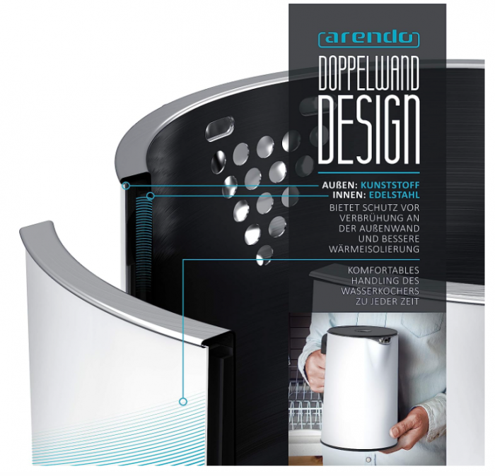 Fierbător apa Arendo din oțel inoxidabil, 40-100 de grade, 1,5 litri, 2200 W, GS [4]