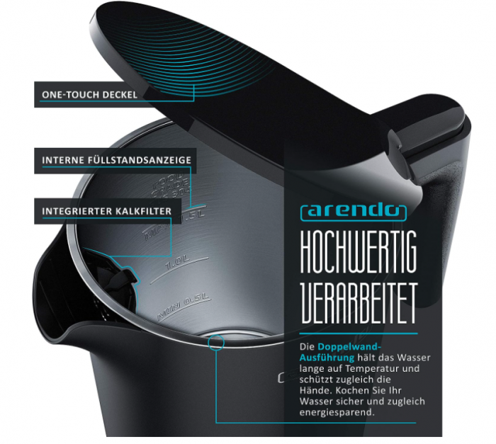 Fierbător Arendo din oțel inoxidabil cu afișare a temperaturii, 1.5 L, filtru de calcar [4]