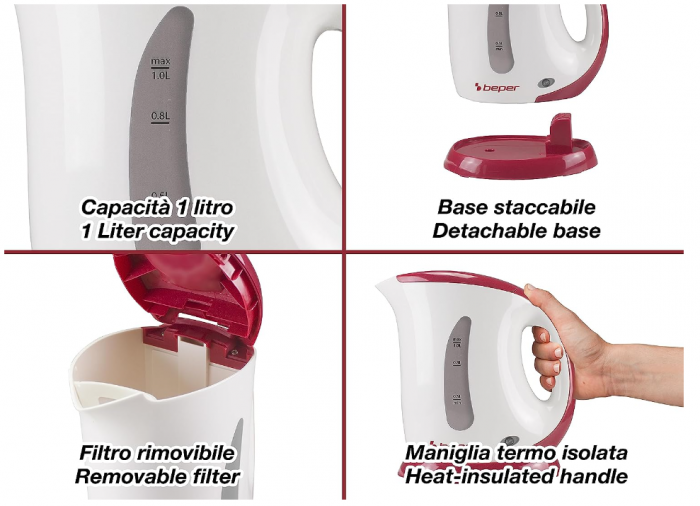 Fierbător electric BEPER BB.050, 1100 W, 1 litru, plastic [3]