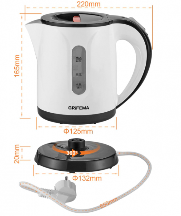 Fierbător electric GRIFEMA 0.8L, 1100W, ceainic de calatorie, fără BPA, alb [4]