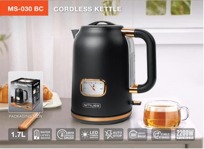 Fierbător electric MUSE, retro, 2200W, afișaj al temperaturii, 1,7 L, oprire automată, negru mat/auriu (MS-030 BC) [3]