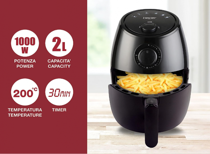 Friteuza cu aer cald BEPER P101FRI001, fara ulei, 2 litri, 1000 W, Negru [2]