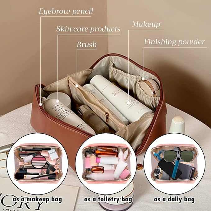 Geantă cosmetică de călătorie Owlfun, din piele impermeabilă, maro [3]