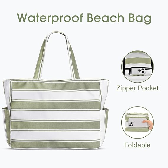 Geantă de plajă Oscaurt pentru femei, alb cu dungi verzi [5]