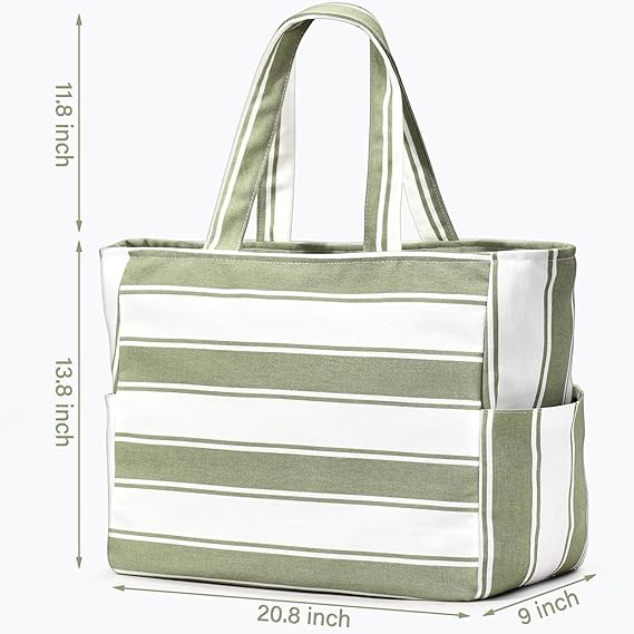 Geantă de plajă Oscaurt pentru femei, alb cu dungi verzi [4]