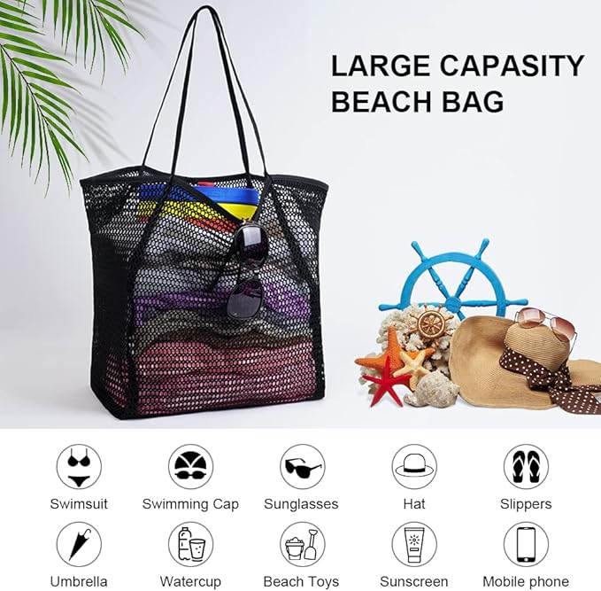 Geanta de plaja pentru femei Flintronic, din plasa, 45 x 35 x 16 cm, negru [3]