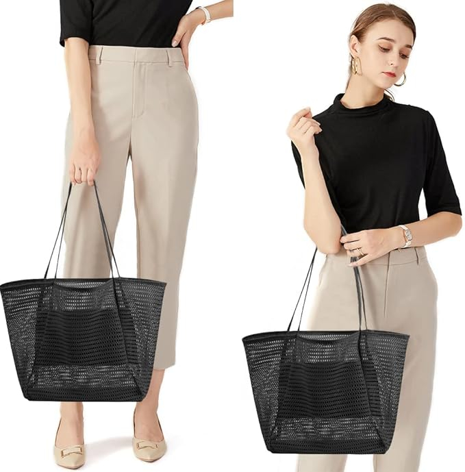 Geanta de plaja pentru femei Flintronic, din plasa, 45 x 35 x 16 cm, negru [7]