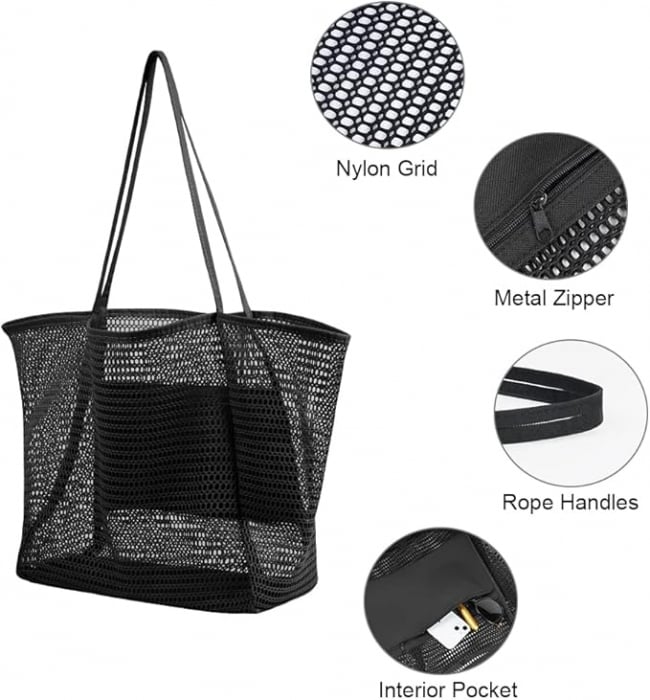 Geanta de plaja pentru femei Flintronic, din plasa, 45 x 35 x 16 cm, negru [4]