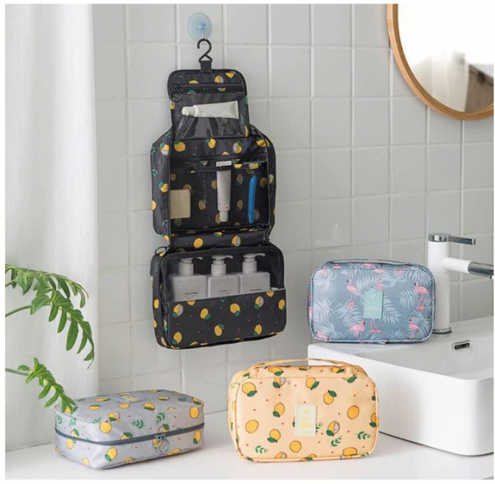 Geantă de toaletă YumSur, cu cârlig pentru agățat, gri, imprimeu cu lamaie [5]