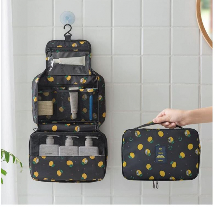 Geantă de toaletă YumSur, cu cârlig pentru agățat, gri, imprimeu cu lamaie [2]