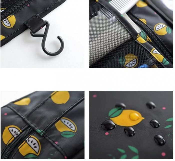 Geantă de toaletă YumSur, cu cârlig pentru agățat, gri, imprimeu cu lamaie [3]