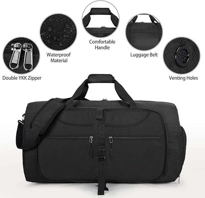 Geantă de voiaj Lubardy, impermeabilă, pliabilă, capacitate mare de 65L, neagră [7]