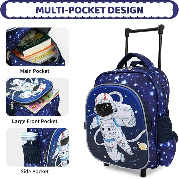Ghiozdan cu roti pentru copii Amythe, pentru varsta de 2-5 ani, model astronaut, albastru [4]