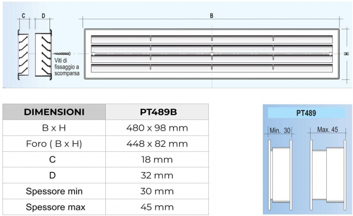 Grilă de ventilație telescopică dreptunghiulară La Ventilazione PT489B-Y PT489B-Y, plastic, alb, 480 x 98 mm [5]