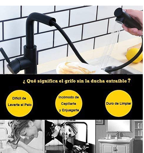 Hapilife Baterie de bucătărie cu cap de duș extensibil, neagră, pivotant 360° [7]