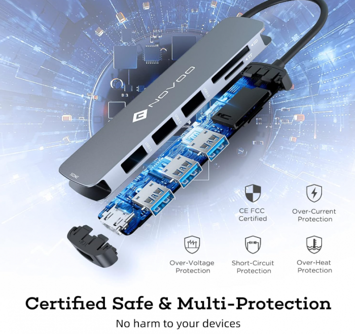 Hub Adaptor NOVOO USB-C la HDMI 4K, 3 x USB 3.0, Cititor de carduri SD și Micro SD [8]