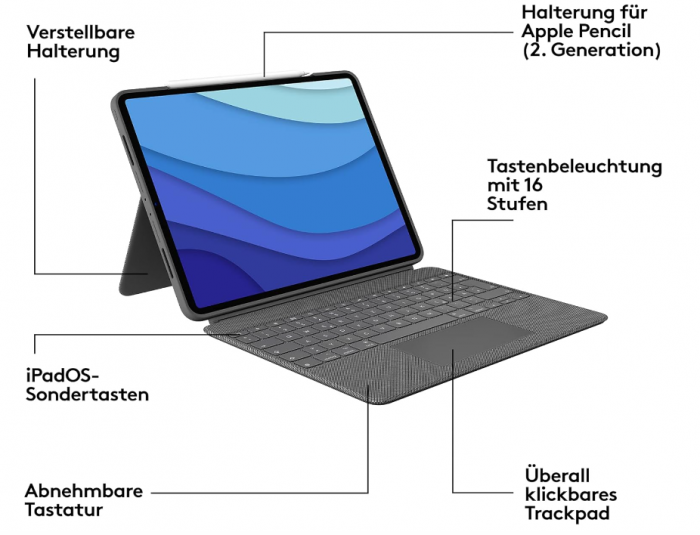 Husa cu tastatură Logitech Combo Touch pentru iPad Pro 12.9 (a 5-a generație - 2021) Aspect QWERTZ german, Gri [13]