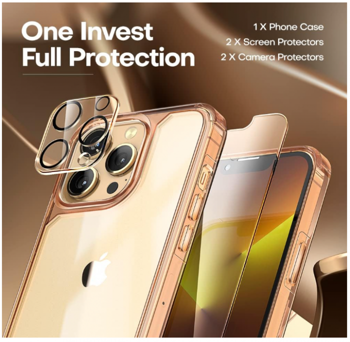 Husa TAURI pentru iPhone 13 Pro Max, cu 2 folii protectie pentru cameră, auriu roz [5]