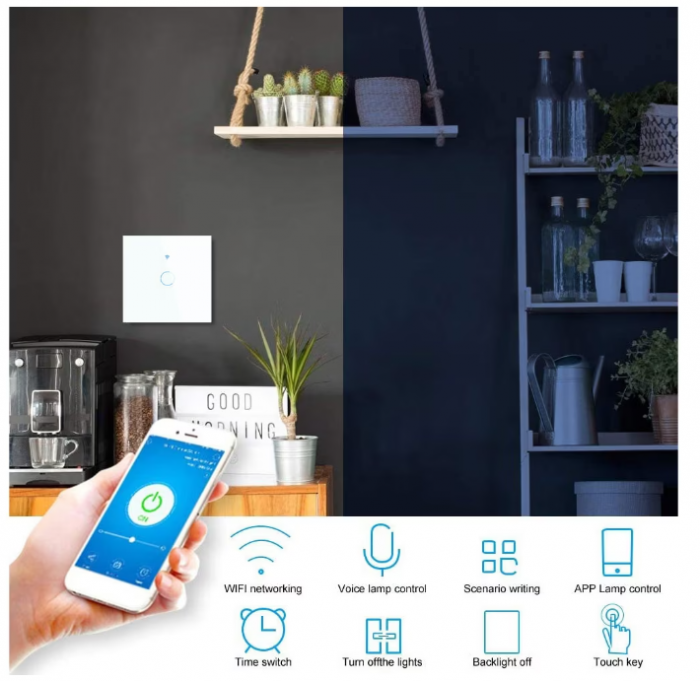 Intrerupator inteligent cu touch Rovo FN1C, Wi-Fi, fara nul, 1 canal, 10A, RF 433MHz, sticla securizata, Tuya, Life Smart, compatibil Amazon Alexa/Google Assistant, Alb [4]